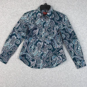 Talbots Top Womens 2P  Teal Paisley Button Front Long Sleeve Blouse - Picture 1 of 15