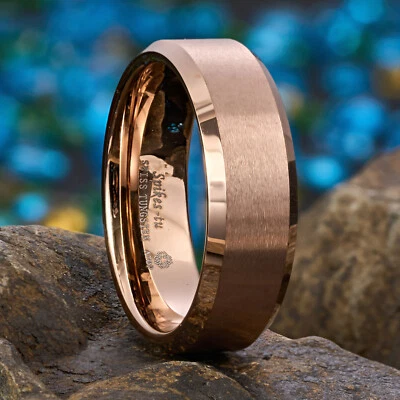 Anillo de tungsteno cepillado ATOP 8mm clásico de carburo de oro rosa para hombre joyería nupcial Foto 1 de 4