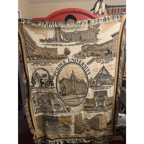 Purdue Boilermakers VINTAGE Fringe Throw Blanket Wall Hangng Buildings of Campus Cover
