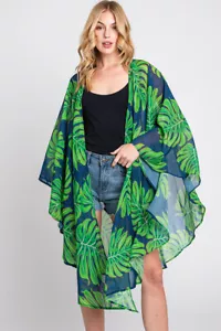 Anthropologie Women's Tropical Green Leaves Cover Up Kimono Cardigan - Picture 1 of 9