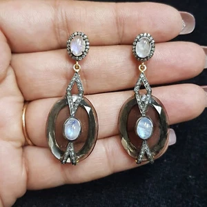 925Silver Diamond Pave Moonstone Gemstone Designer Dangle Earrings Fine Jewelry - Picture 1 of 3