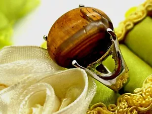 Vintage Silver Metal Tiger Eye Look Ring 1980' Size O1/2 - Picture 1 of 9