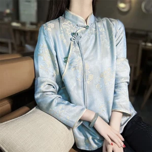 Damenhemd aus Kunstseide Vintage Satin Tops chinesischer Frosch Knopf Tang Bluse - Bild 1 von 8