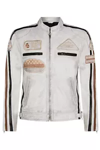 Herren weiße Leder Bikerjacke Retro lässig Reißverschluss Rennen Motorrad Abzeichen Motorrad - Bild 1 von 4