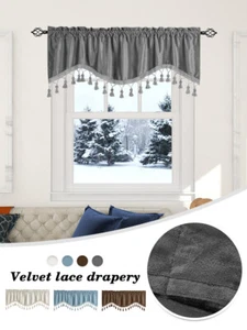 Velvet Valance Rod Pocket Window Curtain Tassels Decor Short Panel Drapes 52x18" - Picture 1 of 23