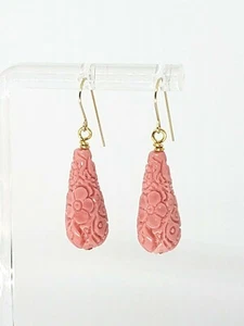 14k Yellow Gold Simulated Carved Pink Coral Teardrop Drop Dangle Earrings - Picture 1 of 4