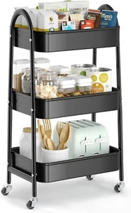 Utility Rolling Cart Metal Storage 3-Tier Kitchen Bedroom Trolley Cart, Black - Picture 1 of 10