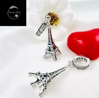 Sterling Silver 925 Charm Love Paris Eiffel Tower Pendant Dangle Family Friend - Image 1 of 4
