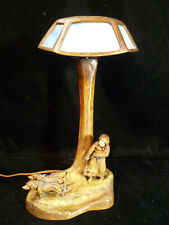 SOLID BRONZE & STAINED GLASS FIGURAL TABLE LAMP - WALKING THE DOGS – CIRCA 1900