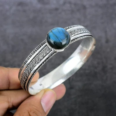 Labradorite Gemstone 925 Sterling Silver Cuff Bangle Adjustable B516 - Image 1 of 4