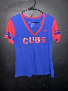 Chicago Cubs Shirt Womens Large Blue Red Nike B Neck Short Sleeve Spell Out - Picture 1 of 6