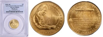 1993 United States James Madison Bill Of Rights 8.359g (900) Gold Coin PCGS MS69 - Image 1 of 3