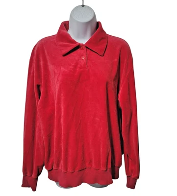 Camisa polo vintage años 70 80 terciopelo rojo manga larga cuello 2 botones para mujer L Foto 1 de 4