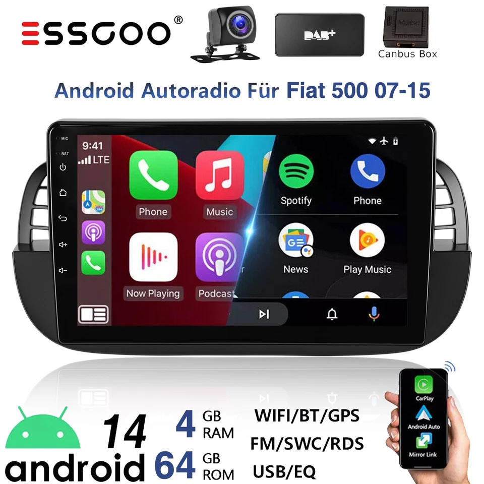 4+64GB Android 14 Autoradio Stereo GPS Wifi Carplay DAB+ Für Fiat 500 2007-2015 - Bild 1 von 4