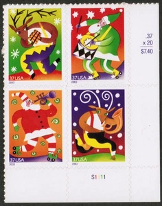 US USA Sc# 3824a MNH FVF PLATE # BLOCK Xmas Christmas Reindeer Santa Claus - Picture 1 of 1