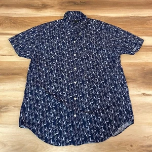J Crew Shirt Mens Large Short Sleeve Button Down Navy Sailboat Print - Picture 1 of 9
