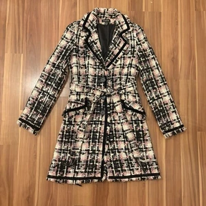 Vintage Bebe Tweed Jacket Pink Black White Tartan Belted Coat Velvet Trim Sz XS - Picture 1 of 10