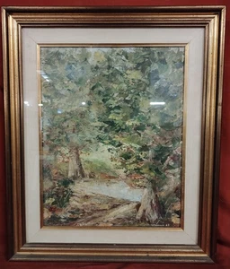 Dipinto olio su cartone - paesaggio giardino con laghetto - Foto 1 di 13