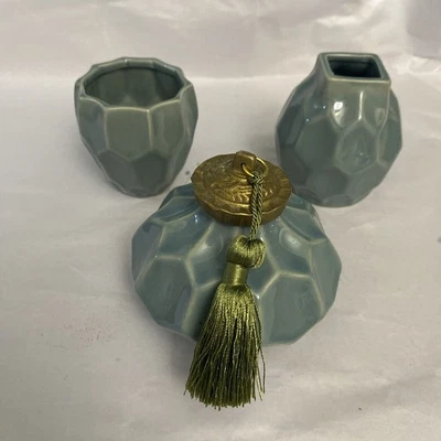 Juego de 3 jarrones pequeños de cerámica verde azulado recipientes decoración del hogar China Foto 1 de 4