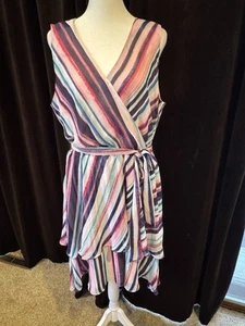 Jennifer Lopez Women’s Pink/blue Belted Striped Sundress Size Large - Picture 1 of 3