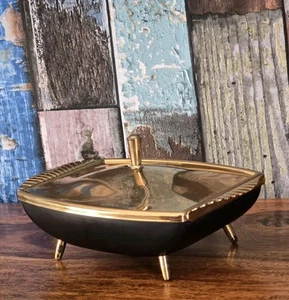 Rare Stunning Art Deco Golden & Black Jewellery Trinket Pill Box Dish Vintage - Picture 1 of 13