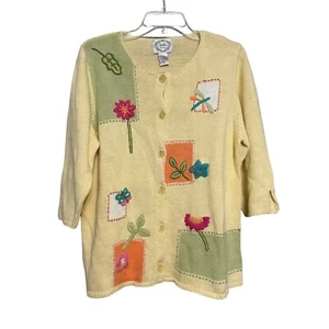 Stitches In Time QVC Spring Cardigan L Sweater Yellow Floral Knit 3/4 Sleeve NWT - Picture 1 of 11