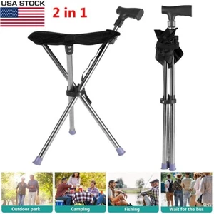 Folding Walking Stick Seat Aluminium Cane Chair Stool for Senior 150kg Black - Picture 1 of 9