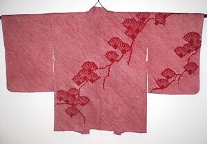 Rare Genuine Japanese Red White Silk Haori Kimono Jacket Shibori Tie Dye - Pine