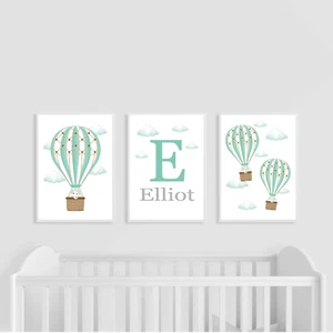 Hot Air Balloon Nursery Prints, Elephant, Set of 3, Green, Teal, Personalised - Picture 1 of 4