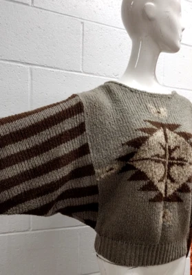 1980s Luxury Sweater American Southwest Brown STRIPED BATWING 1980s by ADOLFO - Image 1 of 4
