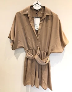 Zara Camel Beige Satin Playsuit With Knot Belt Size S New With Tags Blogger - Picture 1 of 8