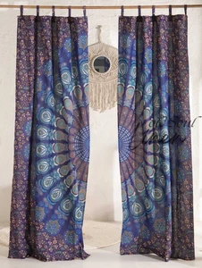 Peacock Blue Mandala Curtain 2 Panel 100% Cotton Boho Tapestry Window Hanging - Picture 1 of 8
