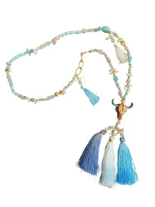 Bunte Mala Kette Halskette Boho-Stil – Blau Edelsteinen Muscheln und Büffel - Picture 1 of 4
