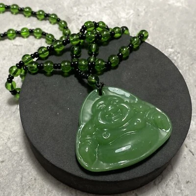 RETRO Laughing Buddha Pendant Necklace Green Glass Bead Boho Pretty Statement - Image 1 of 4