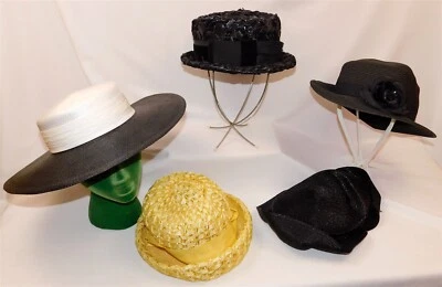 Vtg Womens Hat LOT Millinery 5 Pc Straw Black White Yellow - Image 1 of 4