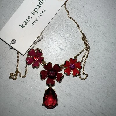 Collar Kate Spade Oro Cadena y Montura Esmalte Rojo Flores Nuevo con Etiquetas K1 Foto 1 de 3