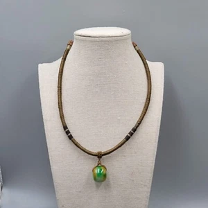 Artisan Green Yellow Stone Bead Pendant Boho Necklace Adjustable Thread Wrapped - Picture 1 of 8