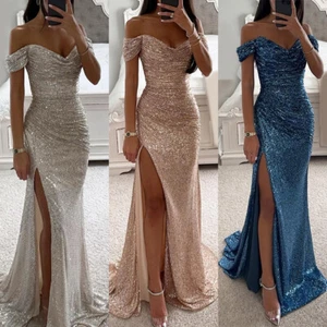 Women's Prom Dress Party Dress Sequin Dress Maxi Dress Short Sleeve Pure Color - Picture 1 of 17
