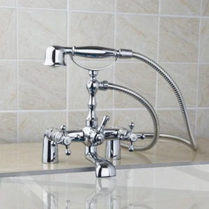 Chrome Bathtub Faucet Telephone Double Cross Handles Mixer Hand Shower Brass Tap - Picture 1 of 11