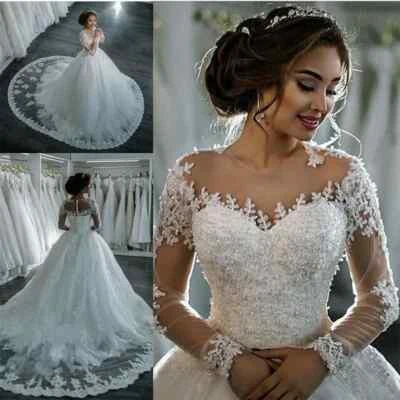Elegant Long Sleeves Wedding Dresses Scoop Neck Beading Appliques Bridal Gowns - Image 1 of 4