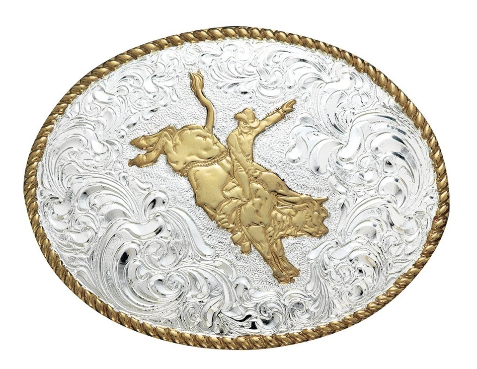 Crumrine Western Belt Buckle Bull Rider Rope Edge Silver Bronze C06150 - Image 1 of 1