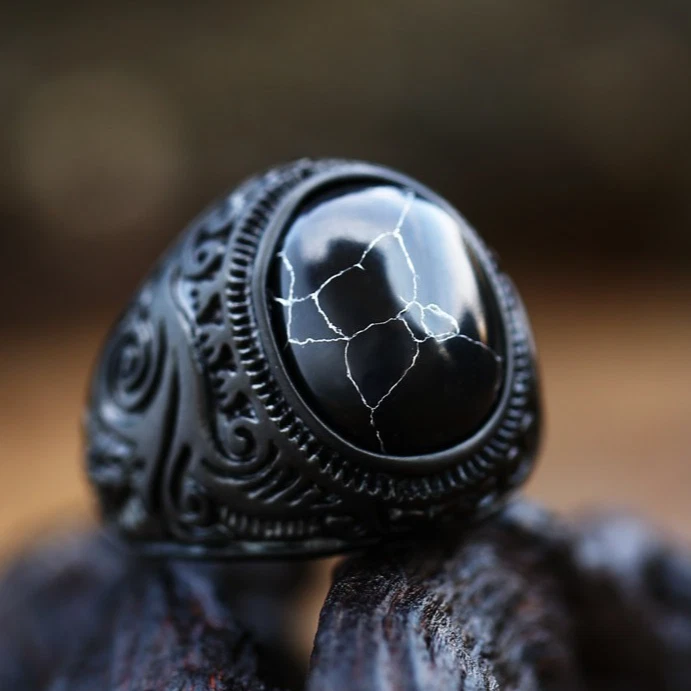 Vintage Black Turquoise Men's Wedding Ring Stainless Steel Solid Black Size 7-13 Foto 1 de 1