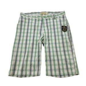 Old Skool Boys 18 Plaid Bermuda Shorts Green Cream Blue LOGO Pockets Preppy - Picture 1 of 9