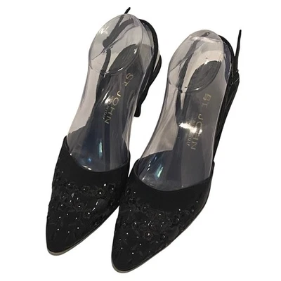 ST JOHN черный кружева украшенный слинга каблуки сделано в Италии размер 7 1/2 - Изображение 1 из 4