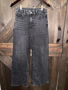 Jeans American Eagle taglia 2 neri super alti larghi gamba larga denim elasticizzato - Foto 1 di 5