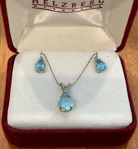 10KT YG TEAR DROP BLUE TOPAZ PENDANT 18-20” NECKLACE PIERCED EARRINGS WG OVERLAY - Picture 1 of 5