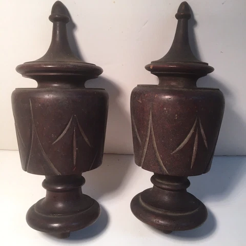 ANTIQUE VINTAGE WOOD CARVED -TURNED LARGE PAIR FINIALS Cover