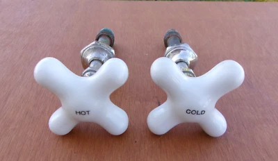 Antique Vintage White Porcelain Cross Handle Faucet Knobs Hot Cold X Handles - Image 1 of 4