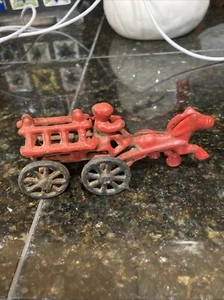 Vintage/ Antique Red Cast Iron Toy Wagon Horse Drawn Double Ladder Fire Wagon - Picture 1 of 5