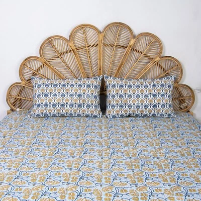 Indian Bedsheet With 2 Pillow Case Queen Size Floral Block Print Bedspread - Image 1 of 4